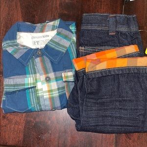 New Oshkosh flannel button down & jeans. 2T